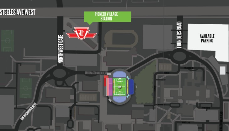 Limited parking will be available at the east Founders Road lot, but fans are encouraged to take TTC to Pioneer Village Station.