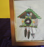 framed embroidered art, coo coo clock