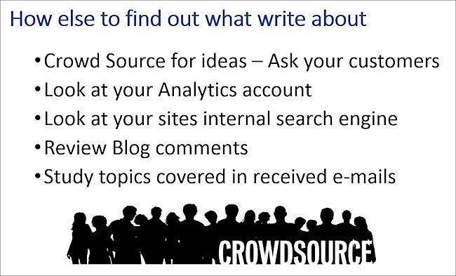 Ask your customers what they want to read and then provide that inforamtion in your blog posts and articles Crowdsource for ideas on what to write articles and blog posts about