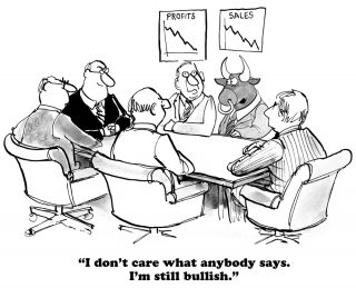 Image showing a bull in a business meeting saying he's "bullish" despite declining SEO performance