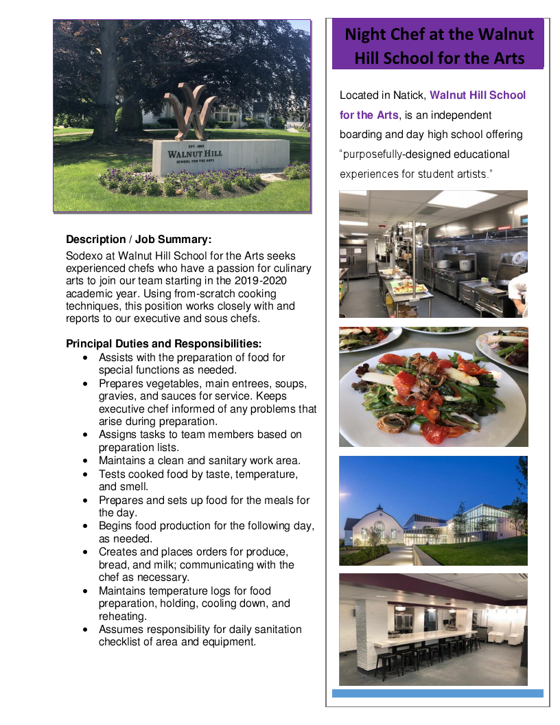 Learn about Sodexo Dining at Walnut Hill School for Culinary Agents