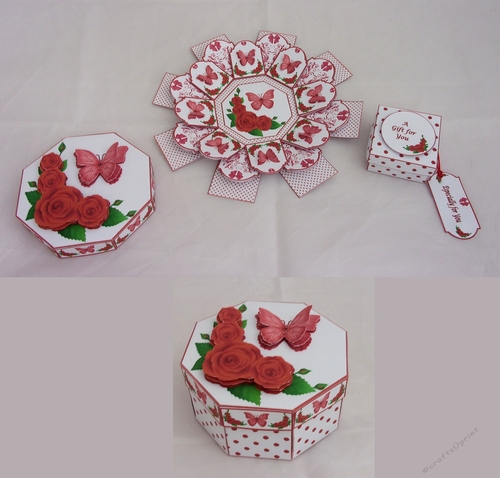 Red rose and butterfly octagonal exploding box card with matching gift ...