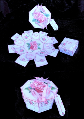 Deep pink roses and butterflies octagonal exploding box card with gift ...