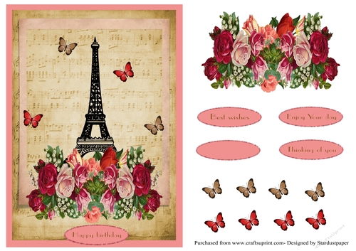 Paris greeting card with Eiffel Tower and flowers for birthday and many ...