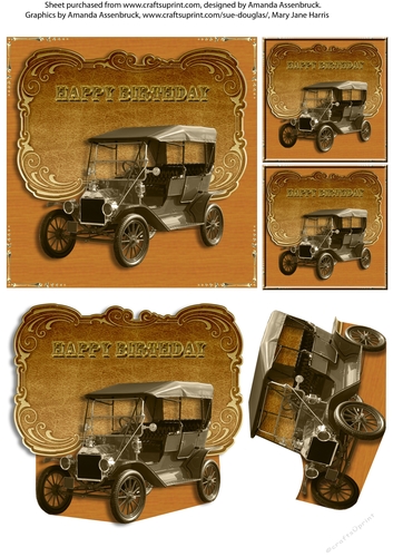 Sepia Model T Ford Male Birthday Card A4 sheet with Decoupage ...