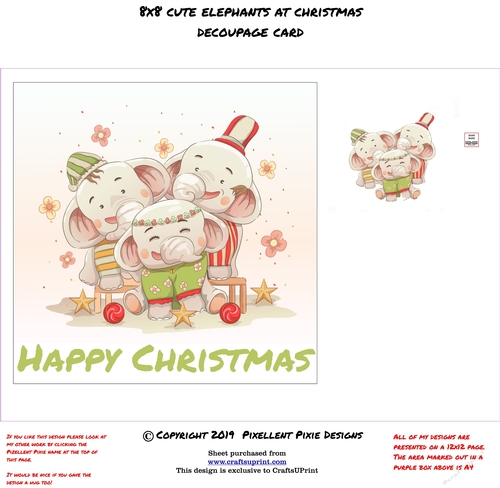 Christmas 8x8 decoupage Card Cute Elephants at Christmas - CUP1018544 ...