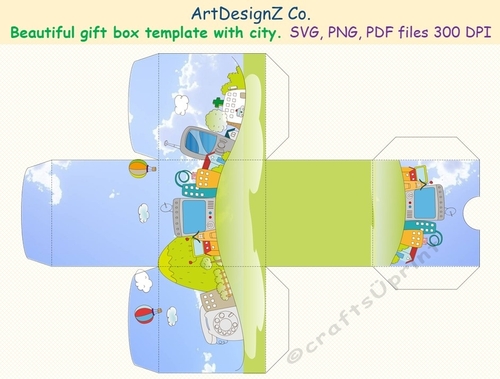 Beautiful gift box template with city. Vector and raster files. Basket ...