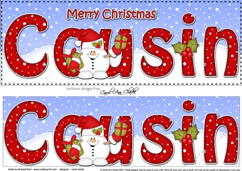 Large DL Merry Christmas COUSIN 3D decoupage with Snowball Sam - CUP1002493_359 | Craftsuprint Large DL Merry Christmas COUSIN 3D decoupage with Snowball Sam - CUP1002493_359 | Craftsuprint
