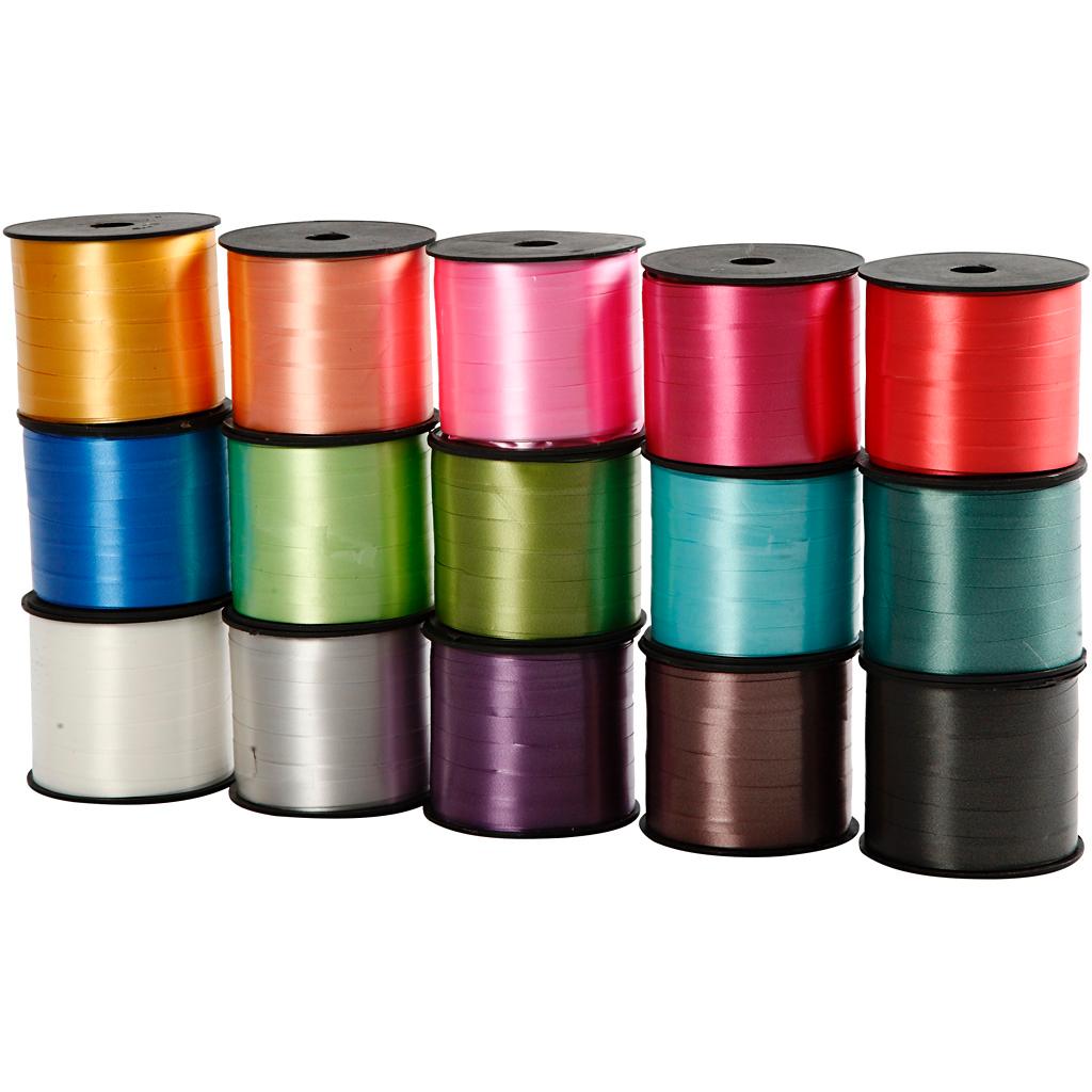 Gift Ribbon Assortment, W 10 mm, Asstd Colors, Glossy, 15x50 m