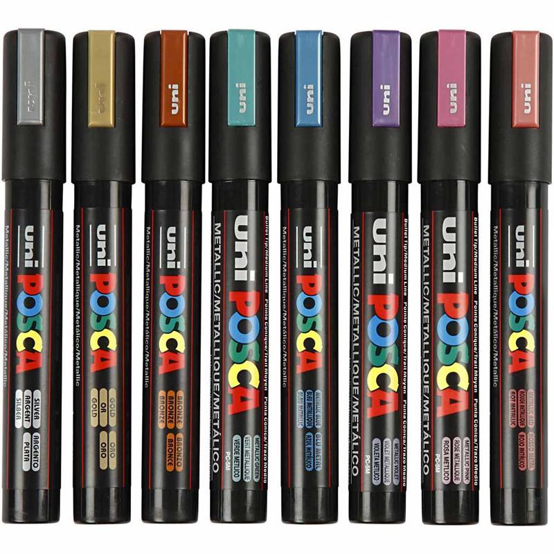 Uni Posca Marker, 1,82,5 mm Line, Metallic Colours, Medium, 8 Asstd