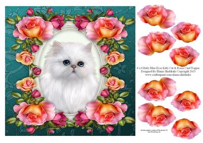 8 x 8 Baby Blue Eyes Kitty Cat & Roses Decoupage Card Topper ...