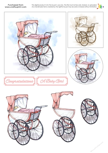 New Baby Decoupage - Vintage Pram - Pink - CUP765087_77229 | Craftsuprint