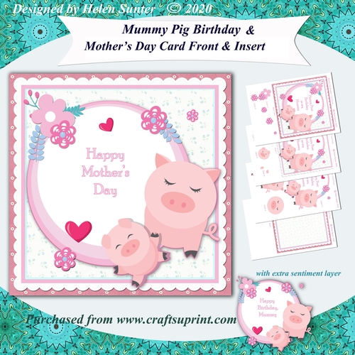 Mummy and Baby Pig Birthday and Mothers Day 7.5 Inch Card Front and