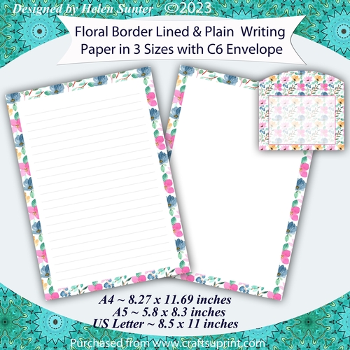 Floral Border Stationery, Lined & Plain Writing Paper, A4 A5 US Letter ...