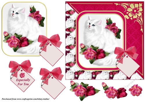 Fluffy White Cat & Roses - CUP767689_819 | Craftsuprint