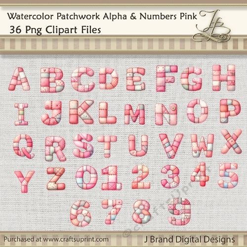 Watercolor Patchwork Alpha & Numbers Pink - CUP1372688_95270 | Craftsuprint