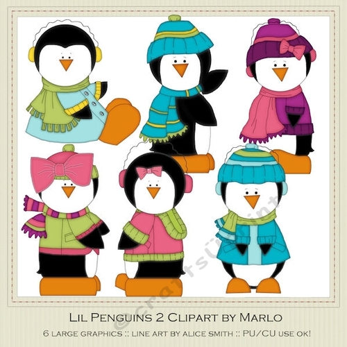 Six Lil Penguins Clip Art Graphics - Pretty Winter Colors - CUP746922 ...