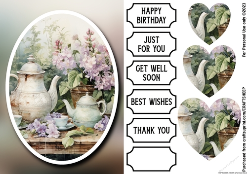 Tea Card Sentiments Afternoon Tea Quick Card Front A5 and 5x7in with Heart-Shaped Pyramage ...