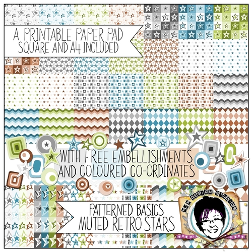 Retro Stars Muted 32 8x8 Papers 32 A4 Papers and free shaped embellishments for Card making ...