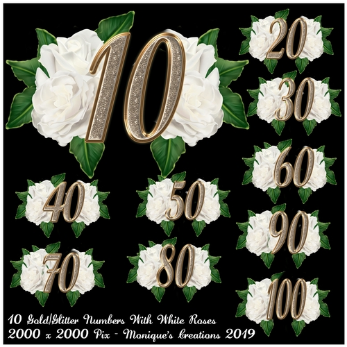 10 Gold/Glitter Numbers With White Roses - CUP959072_2246 | Craftsuprint