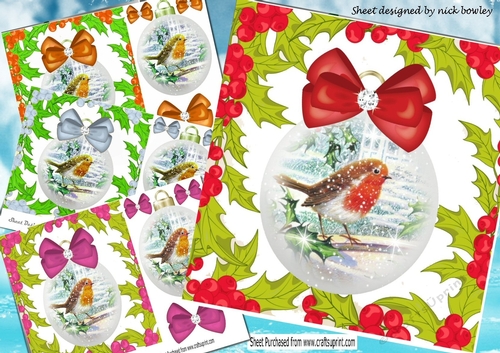 4 Robin card fronts in snow baubles with bows in holly frame 7x7 mini ...
