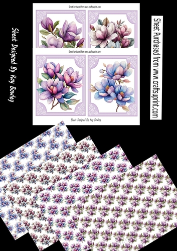 4 Pretty Floral Purple Ornate Toppers, 4 A4 Matching Backing Papers ...