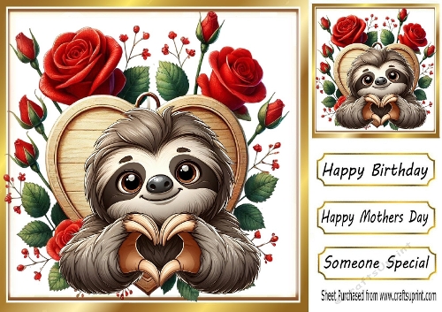 Cute Sloth With Roses, On Wooden Heart 8x8 - CUP1358470_415 | Craftsuprint
