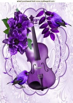 Pretty Purple Flowers with Violin and Birds on Lace A4 - CUP442285_415 ...