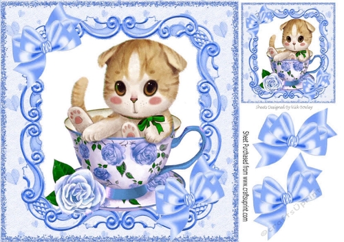 Cute kitten in a teacup with blue roses & bows 8x8 - CUP851901_415 ...