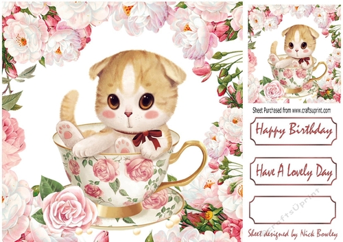 cute kitten in a teacup with pink roses & peonies 8x8 - CUP854302_415 ...