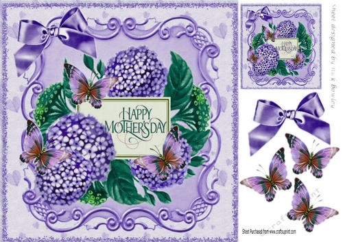 Pretty card with hydrangeas and butterflies for MOTHERS DAY (purple ...
