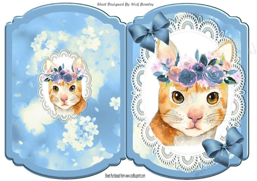Pretty water colour cat with flowers on lace blue bracket card ...