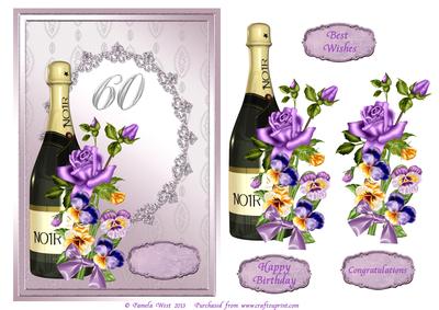 Champagne and Flowers 60th Birthday Decoupage Card. Comes 