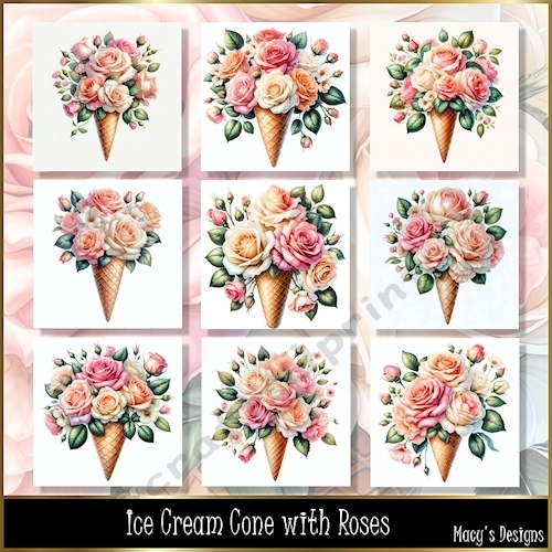 Ice Cream Cone with Roses - Illustrations for Cards, Mini kits ...