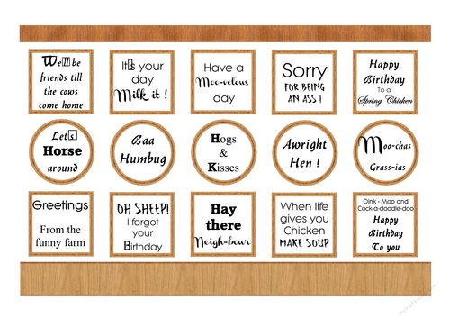 Farmyard Friends - Sentiment boxes with woodgrain frames and ribbons ...