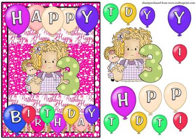 Age 3 Birthday Girl Card Front - CUP222670_539 | Craftsuprint