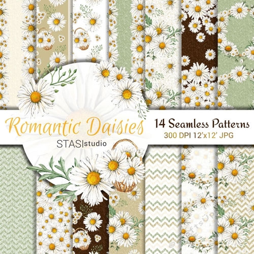 Daisies Watercolor Handpainted Paper, Seamless Patterns, Scrapbook ...