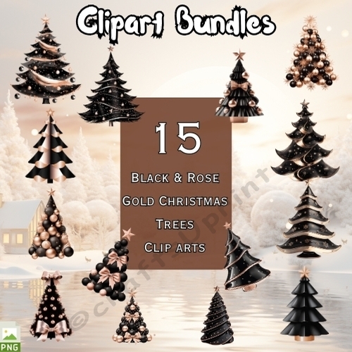 15 x Black and Rose Gold Christmas Trees Clipart Bundle (300dpi, 4096px ...