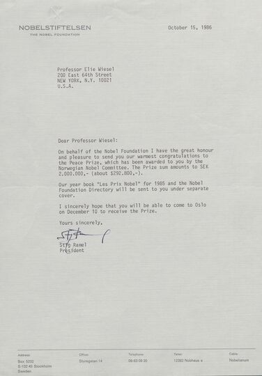 Type written letter from the Nobel Prize commission informing Wiesel of his award