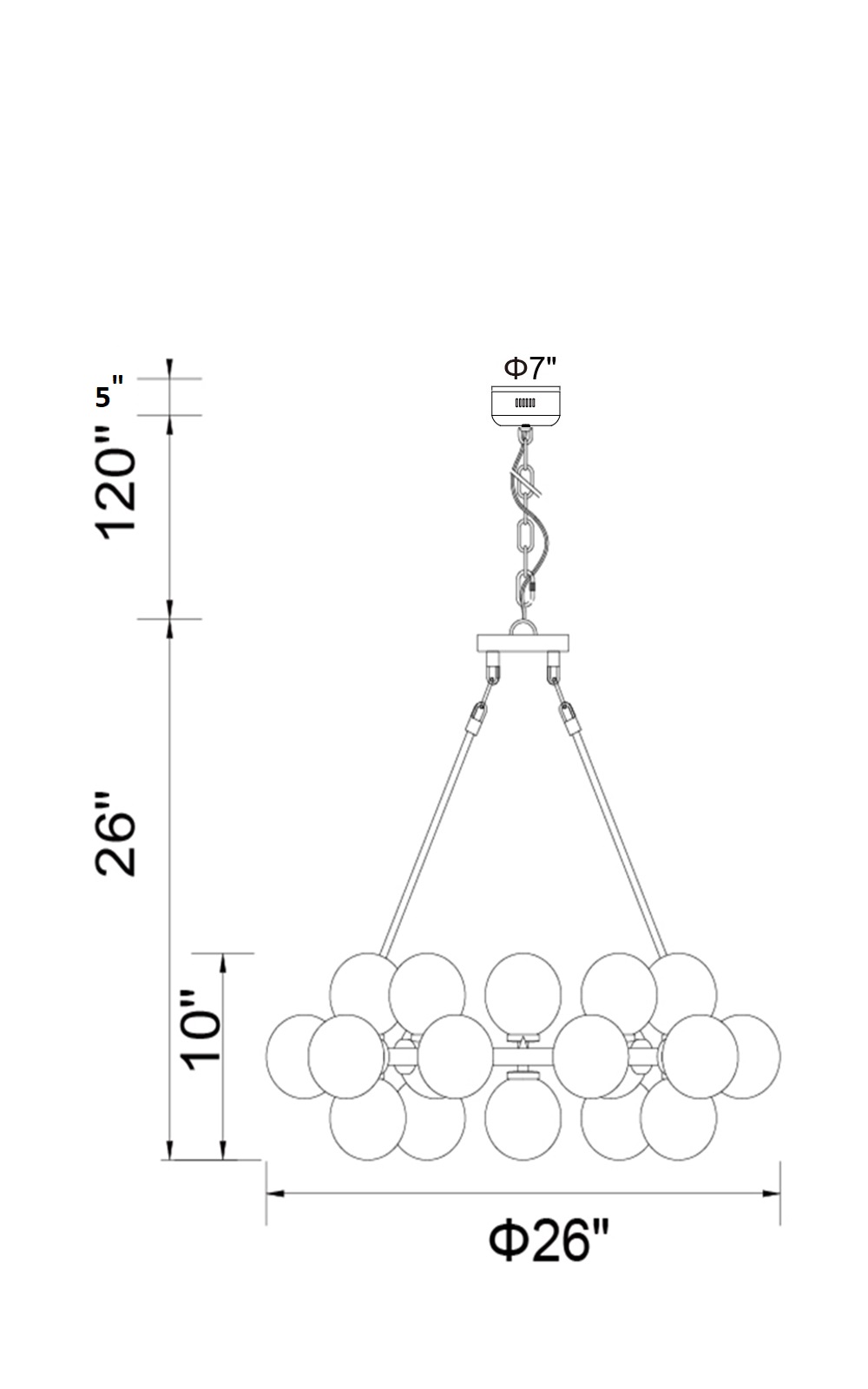 CWI Lighting Arya 25 Light Chandelier With Satin Gold Finish Model: 1020P26-25-602 Line Drawing