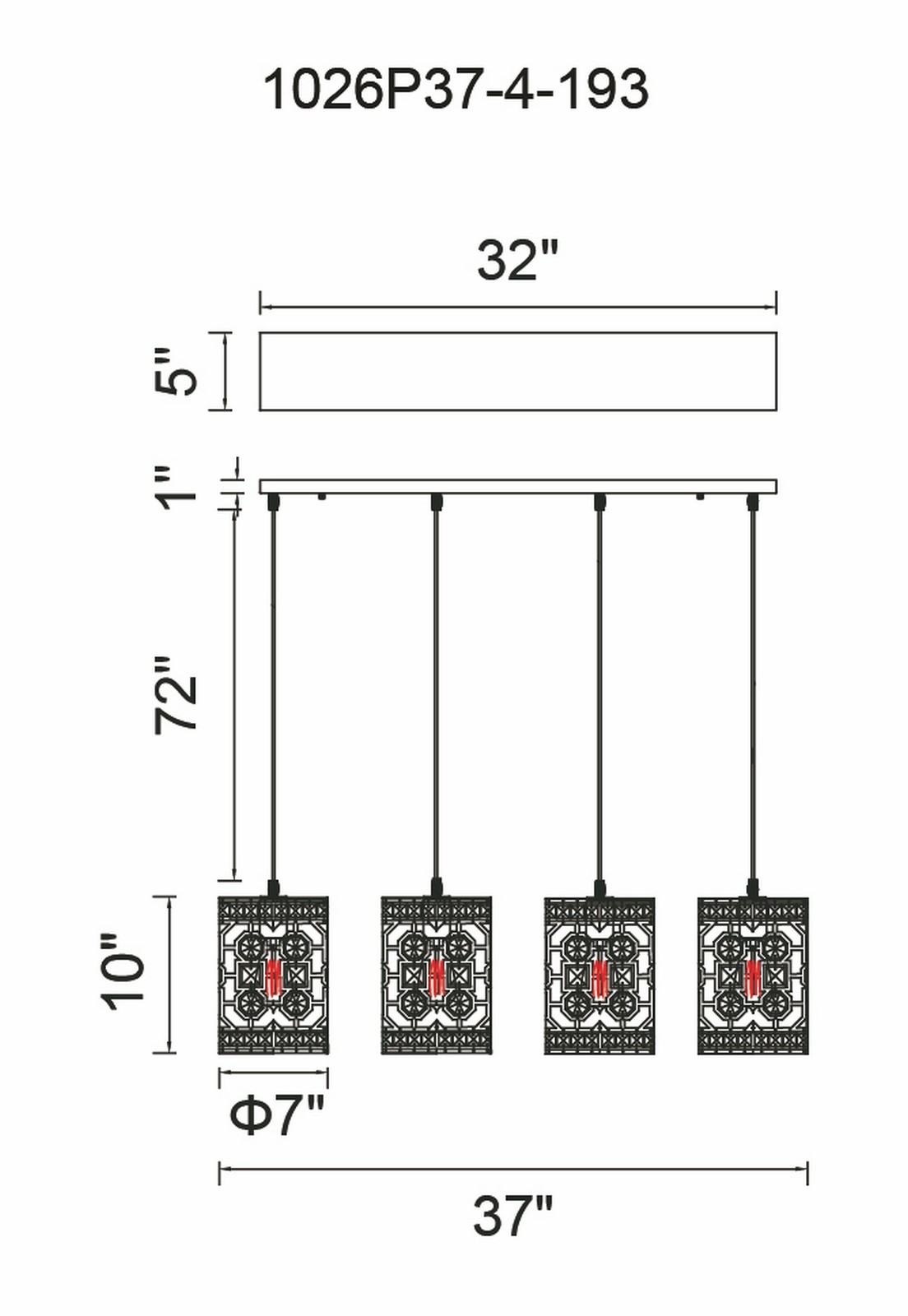 CWI Lighting Belinda 4 Light Chandelier With Champagne Finish Model: 1026P37-4-193 Line Drawing