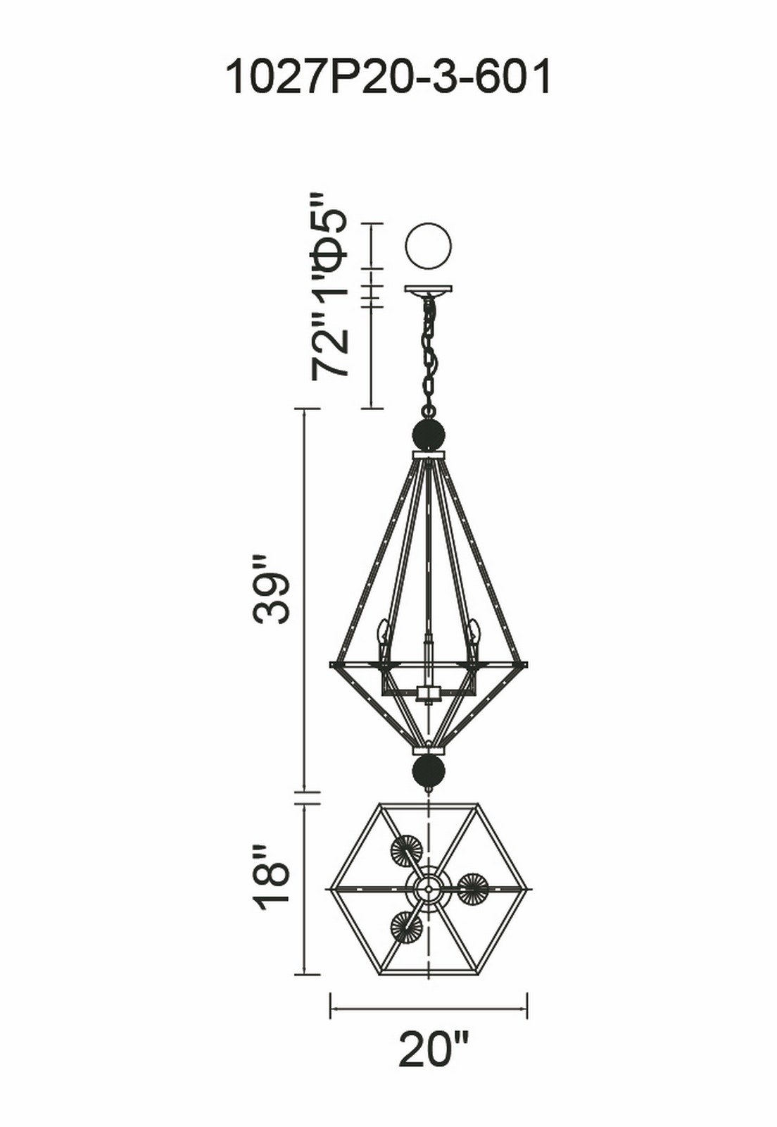 CWI Lighting Calista 3 Light Chandelier With Chrome Finish Model: 1027P20-3-601 Line Drawing
