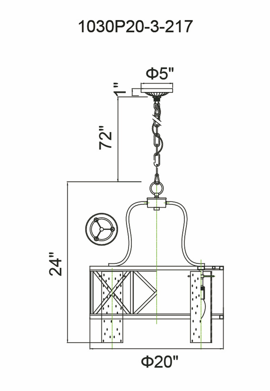 CWI Lighting Keeva 3 Light Chandelier With Wood Grain Bronze Model: 1030P20-3-217 Line Drawing