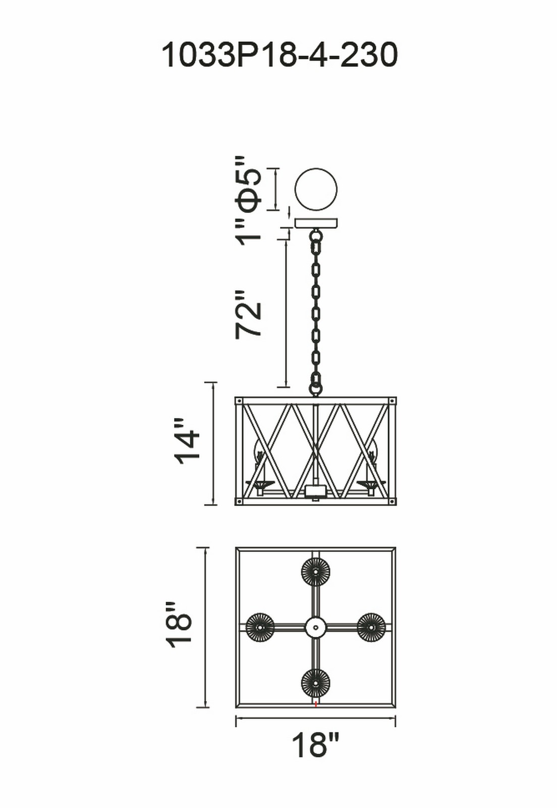CWI Lighting Marini 4 Light Chandelier With Wood Grain Brown Model: 1033P18-4-230 Line Drawing