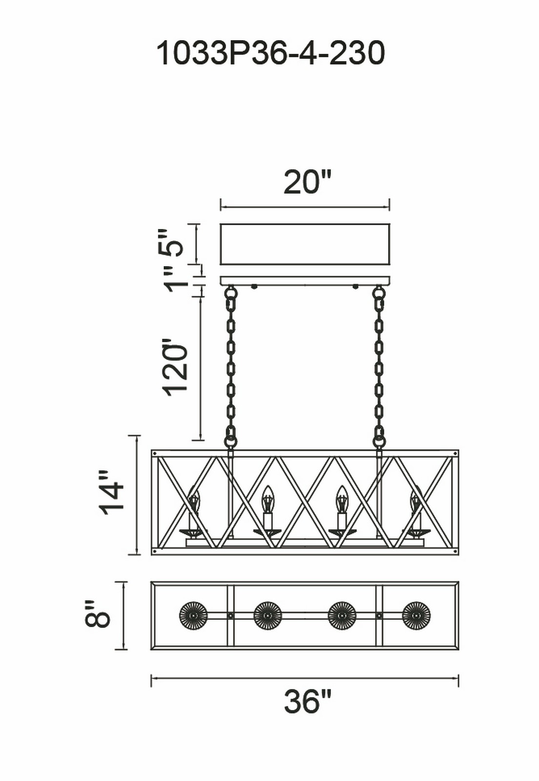 CWI Lighting Marini 4 Light Chandelier With Wood Grain Brown Model: 1033P36-4-230 Line Drawing