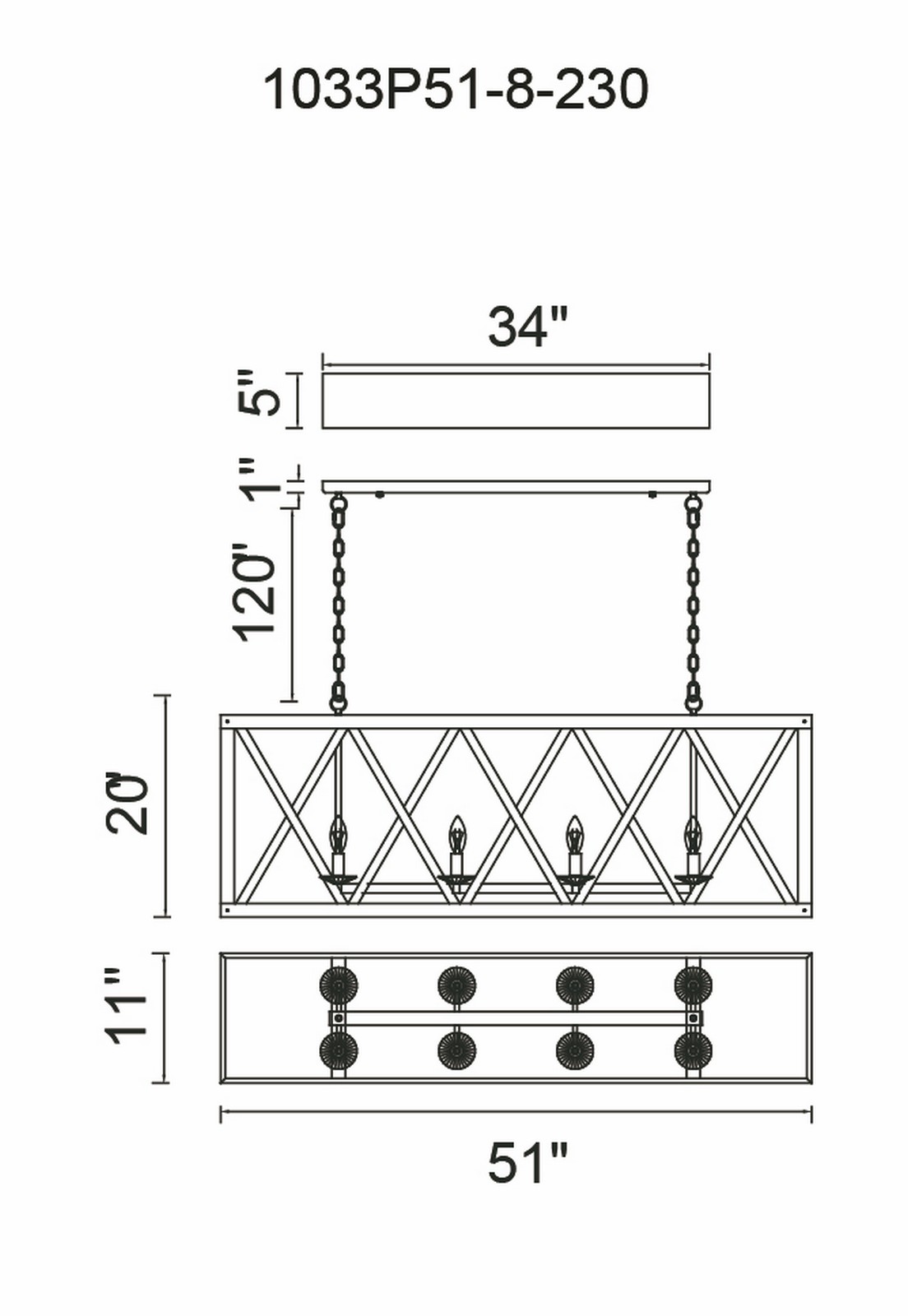 CWI Lighting Marini 8 Light Chandelier With Wood Grain Brown Model: 1033P51-8-230 Line Drawing