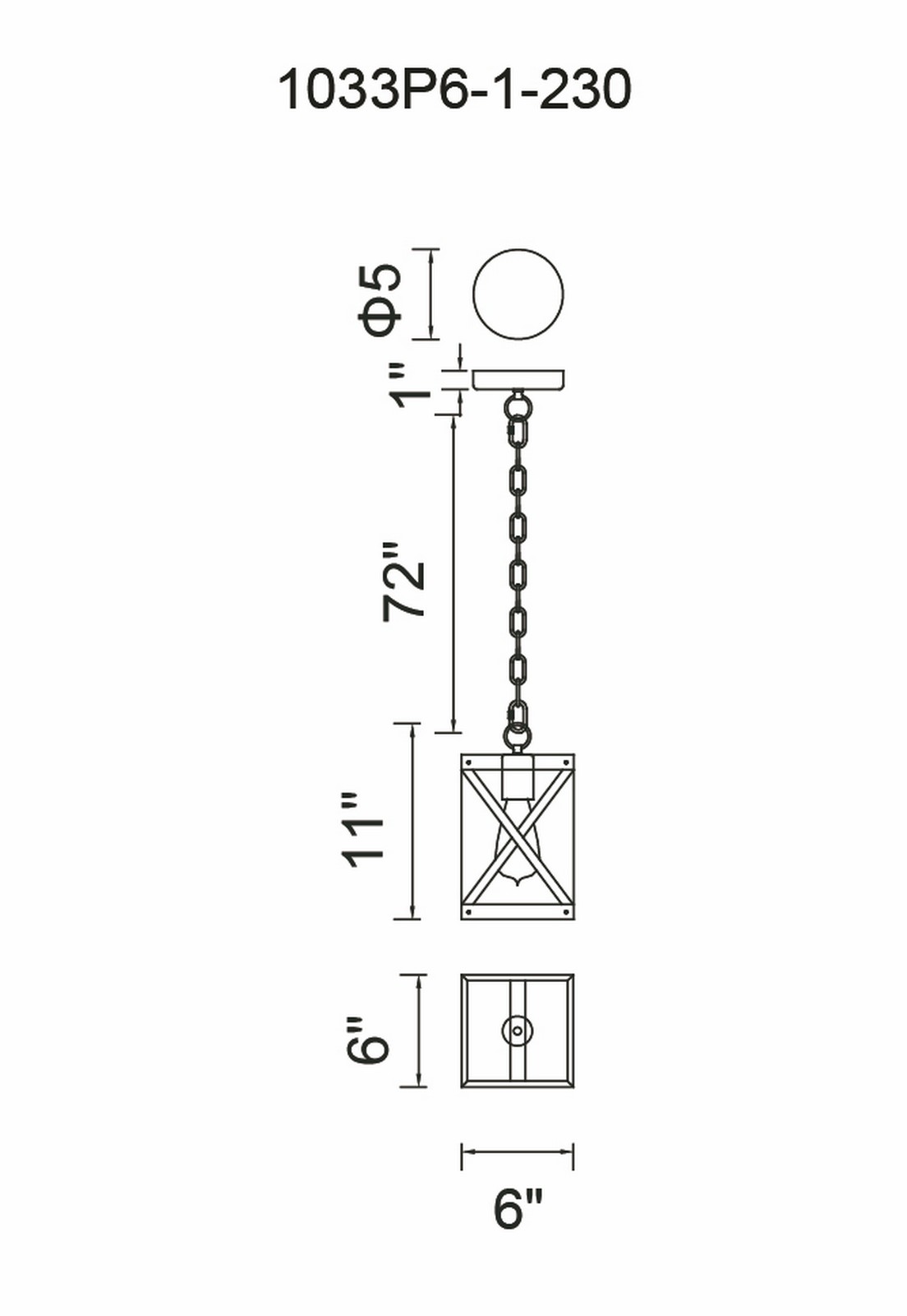 CWI Lighting Marini 1 Light Pendant With Wood Grain Brown Finish Model: 1033P6-1-230 Line Drawing