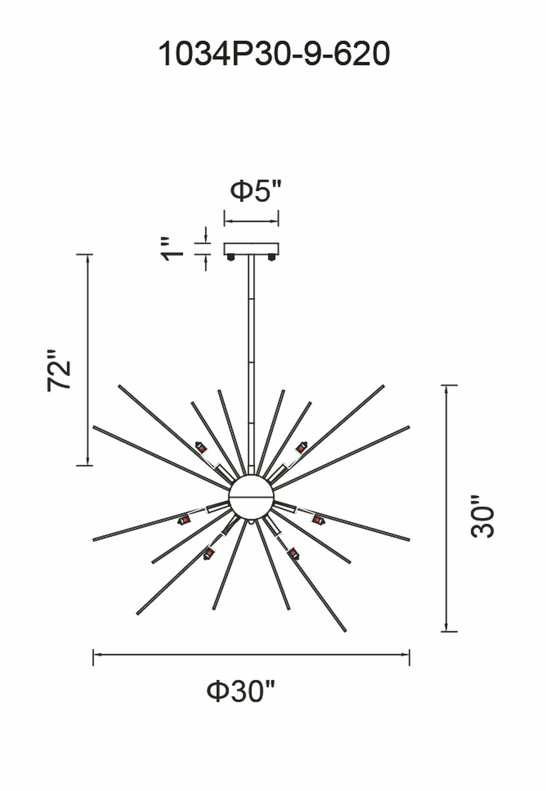 CWI Lighting Savannah 9 Light Chandelier With Gold Leaf Finish Model: 1034P30-9-620 Line Drawing