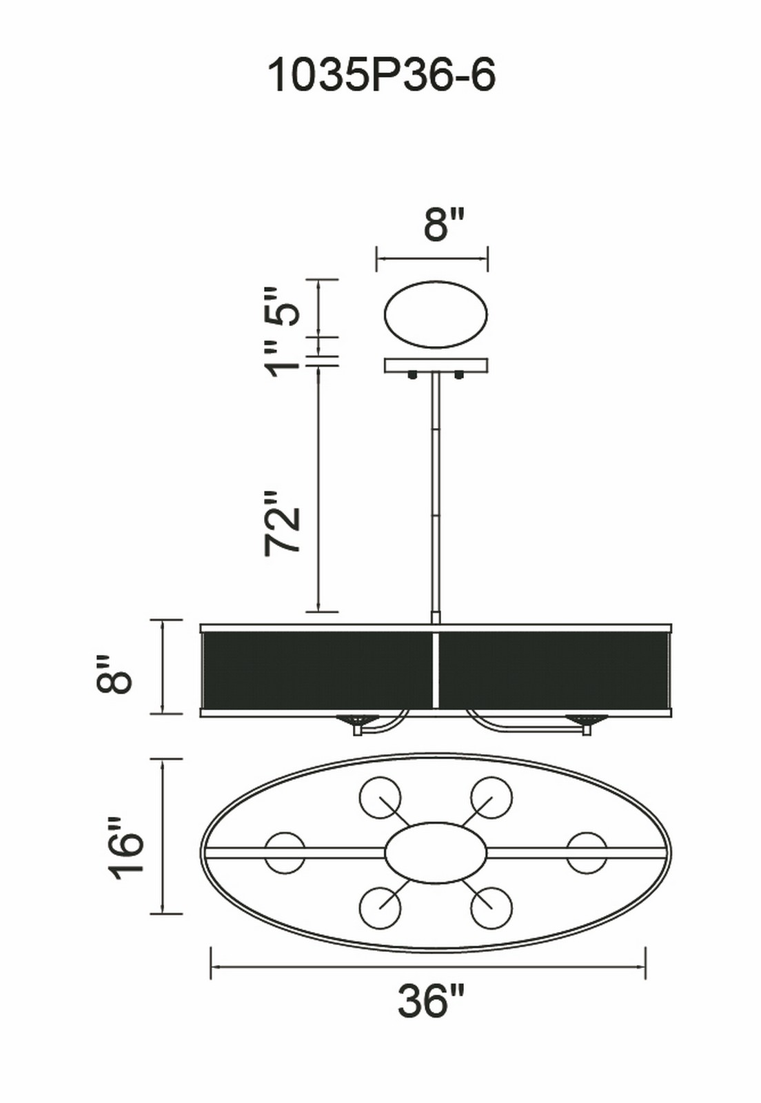 CWI Lighting Navah 6 Light Chandelier With Black Finish Model: 1035P36-6-101 Line Drawing