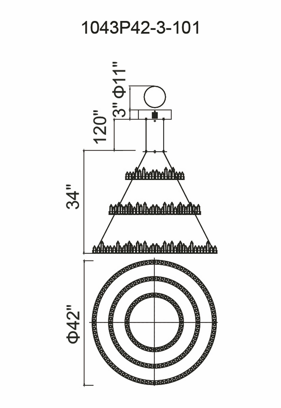 CWI Lighting Juliette LED Chandelier With Black Finish Model: 1043P42-3-101 Line Drawing
